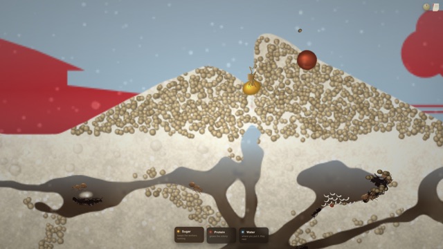 The door and the heap: a worker on top of the mound of excavated sand, a crumb of sugar and a drop of protein beside it