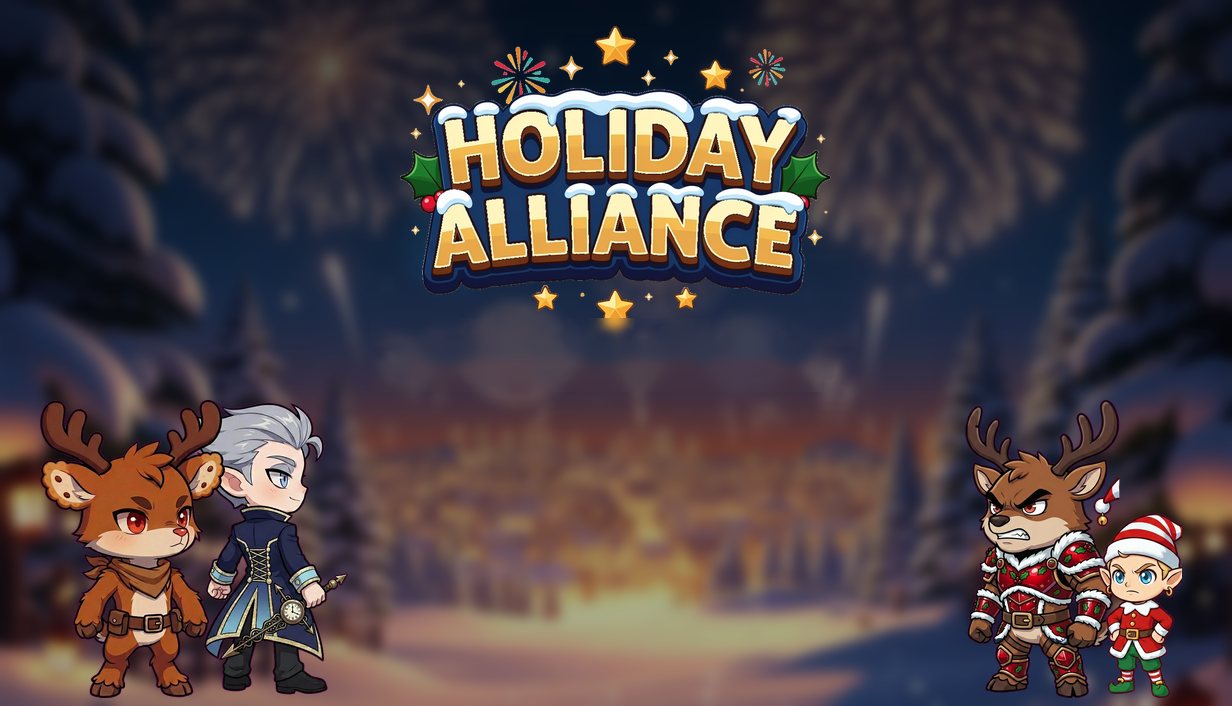 Holiday Alliance key art — Rudy and Abernathy face Dasher across a fireworks-lit village square