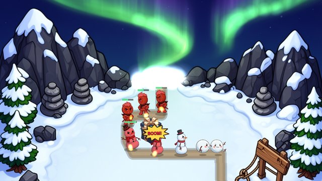 Burning gingerbread men and snowmen march down a mountain pass under the aurora