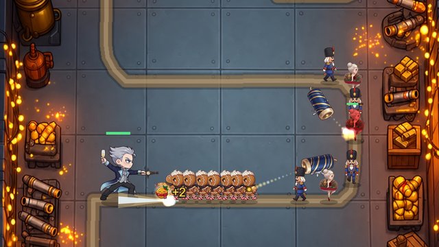 Abernathy fires through a column of gingerbread men in an iron boiler room while nutcrackers and ballerinas march behind