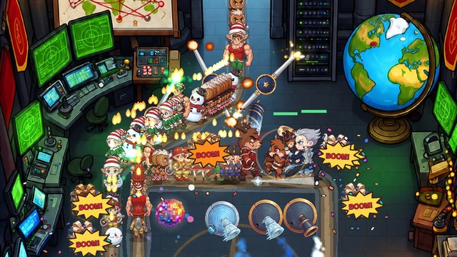 Rudy and Abernathy hold the floor of Santa's command center while a column of elves, snowmen and a gingerbread train pushes past disco balls, snow blowers and roman candles