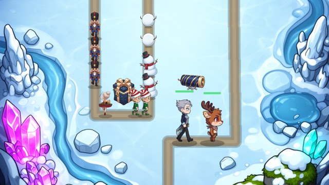Rudy and Abernathy defend twin lanes through a crystal ice cavern