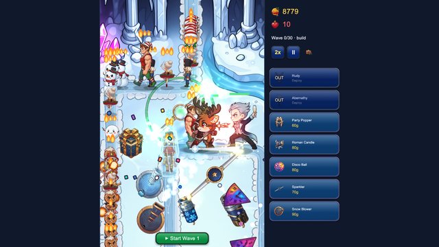 Rudy and Abernathy hold a crystal ice cavern during the build phase, with the tower roster and hero deploy buttons in the side rail