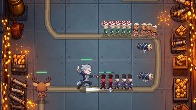 Abernathy holds a workshop corridor as elves, gingerbread and nutcracker soldiers march in