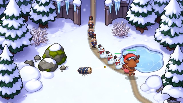 Rudy blocks a line of snowmen on a snowy forest trail beside a frozen pond